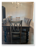Custom built dining table in the Classic Farmhouse style built by Cattle Bend Woodworks.