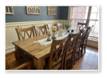 Custom built dining table in the Classic Farmhouse style built by Cattle Bend Woodworks.